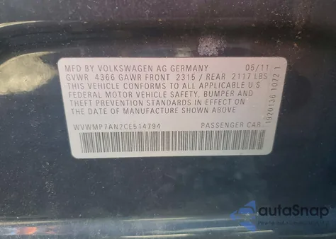 2012 Volkswagen Cc Sport from USA, damaged, VIN WVWMP7AN2CE514794